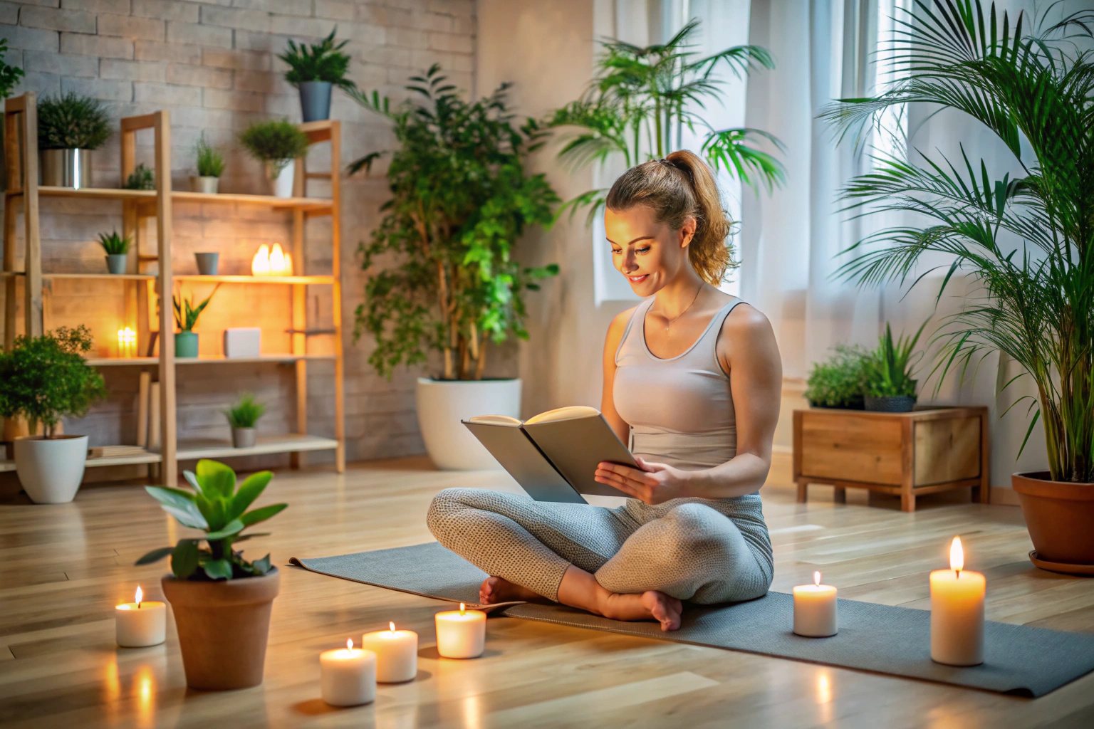 Eine friedliche Szene mit einer Person, die auf einem Yoga-Mat sitzt und ein Buch liest, daneben ein Laptop mit einem Yoga-Video, umgeben von Kerzen und Pflanzen in einem ruhigen, natürlichen Raum