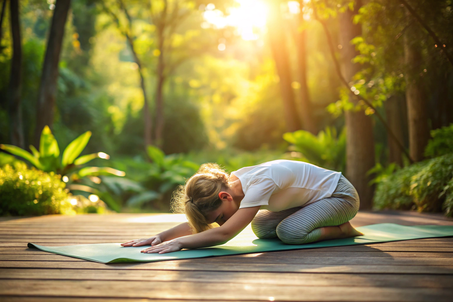 Eine Person in der Stellung des Kindes auf einer Yoga-Matte, umgeben von einer ruhigen, natürlichen Umgebung mit weichem Licht, die Entspannung und Frieden ausstrahlt
