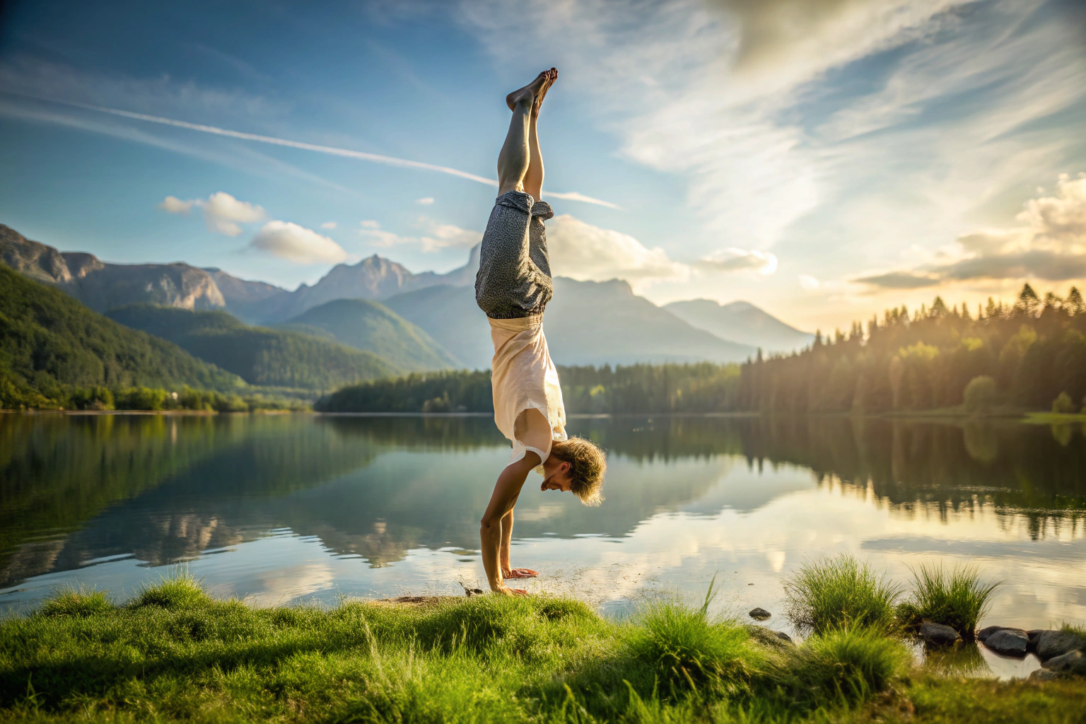 Eine Person in einem Handstand, umgeben von einer ruhigen, natürlichen Umgebung ohne erkennbare Symbole oder Text