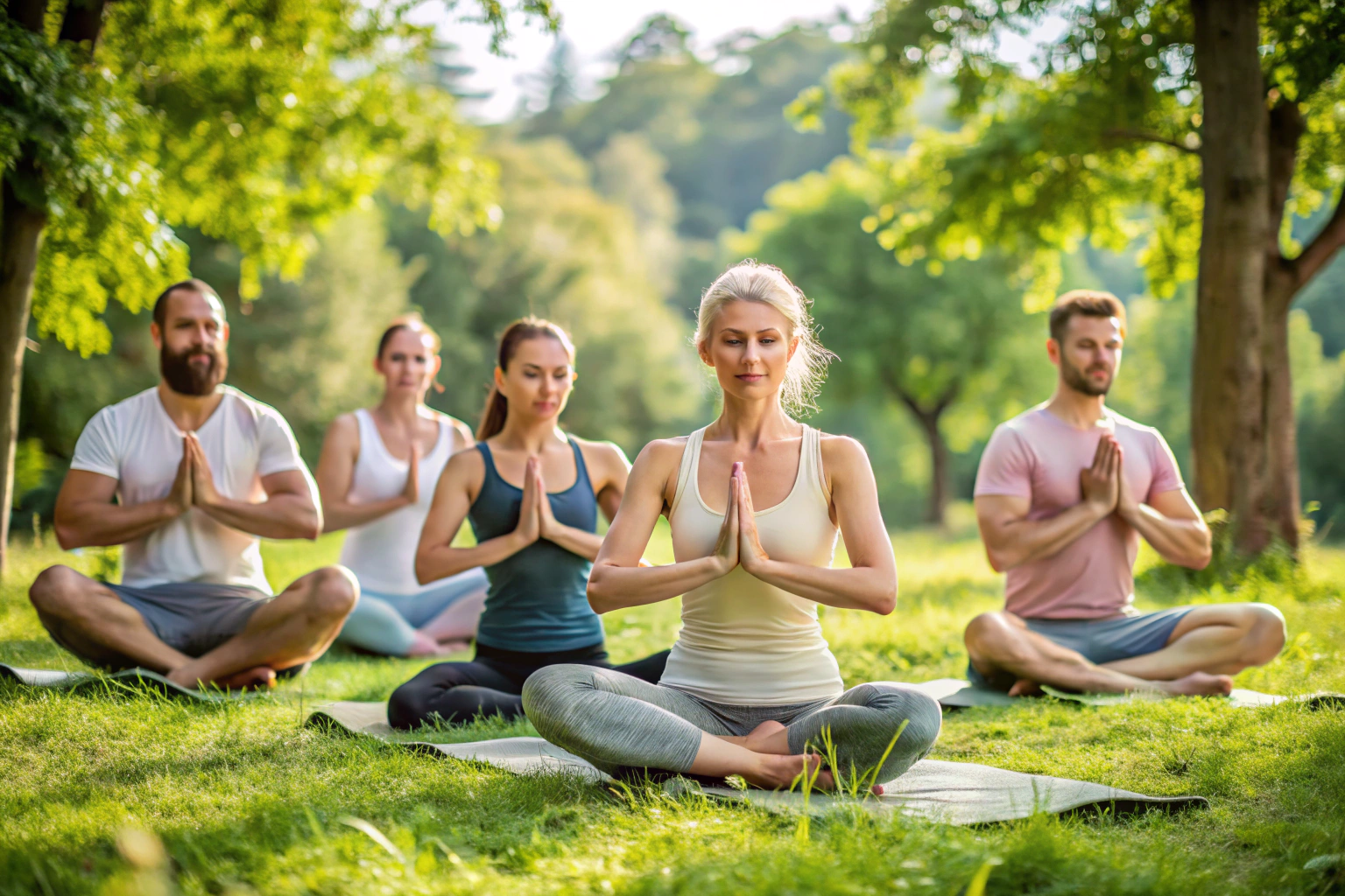 Eine Gruppe von Menschen, die in harmonischer Pose Yoga in einem ruhigen, natürlichen Umfeld praktizieren, ohne erkennbare Marken oder Symbole